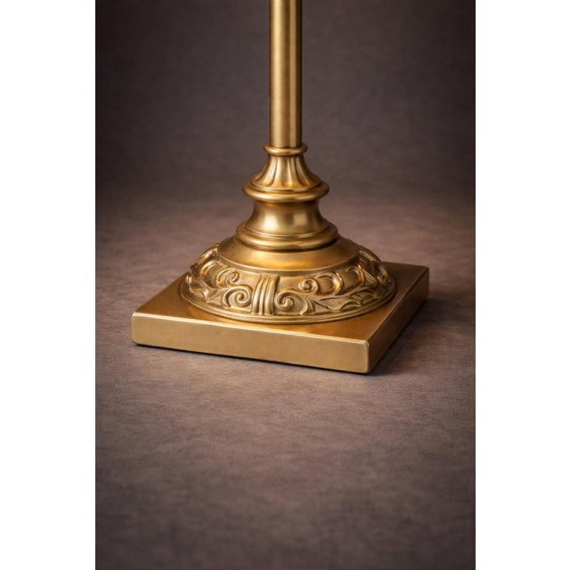 Late 20th Century Sunlit Brass Table Lamp With Linen Drum Shade – Tall Transitional Classic Column Form, 34” H For Sale - Image 4 of 7