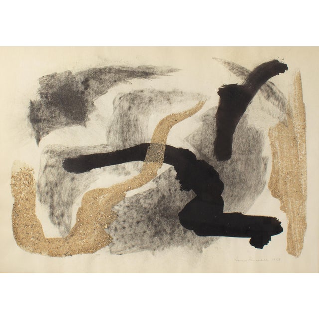 A 1958 mixed media work by the American artist James Spencer Russell (1915-2000). This intricate work creates an abstract...