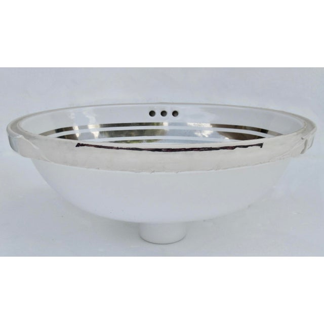 2010s C.2014 Sherle Wagner Porcelain & Platinum Silver Trim Banded Design Underlying Mount Sink For Sale - Image 5 of 12