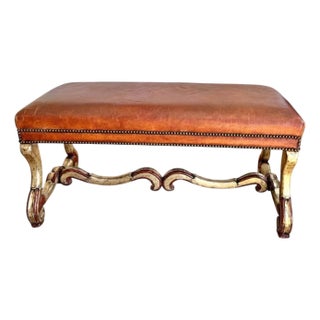Therien Workshops for Dessin Fournir Leather Upholstered Carved Italian Bench For Sale