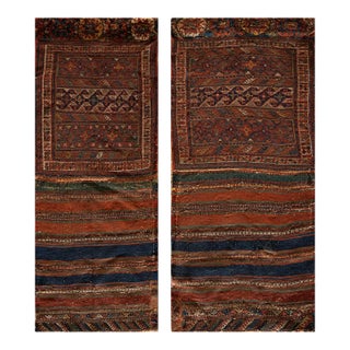 1900s Blue Navy Geometric Tribal Antique Pair of Persian Sumak Carpets 1'8" X 3'5" Woven Wool Rugs For Sale