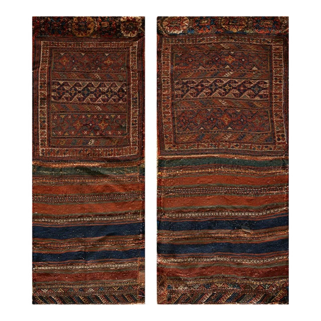 1900s Blue Navy Geometric Tribal Antique Pair of Persian Sumak Carpets 1'8" X 3'5" Woven Wool Rugs For Sale