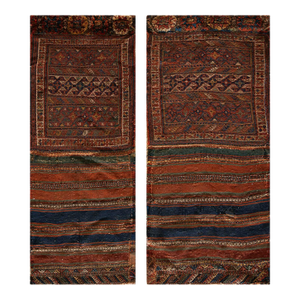 1900s Blue Navy Geometric Tribal Antique Pair of Persian Sumak Carpets 1'8" X 3'5" Woven Wool Rugs