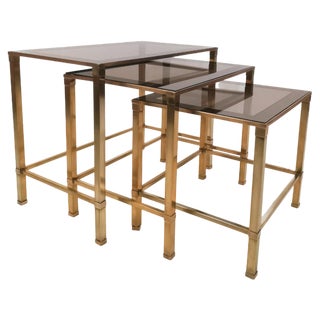 Mid-Century Italian Brass and Glass Nesting Tables, 1970s, Set of 3 For Sale