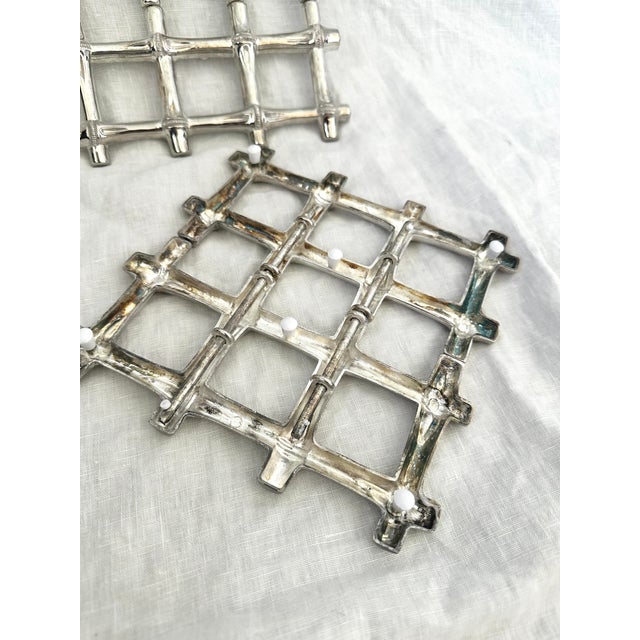 1970s 1970s Silver Faux Bamboo Trivets - Pair For Sale - Image 5 of 5