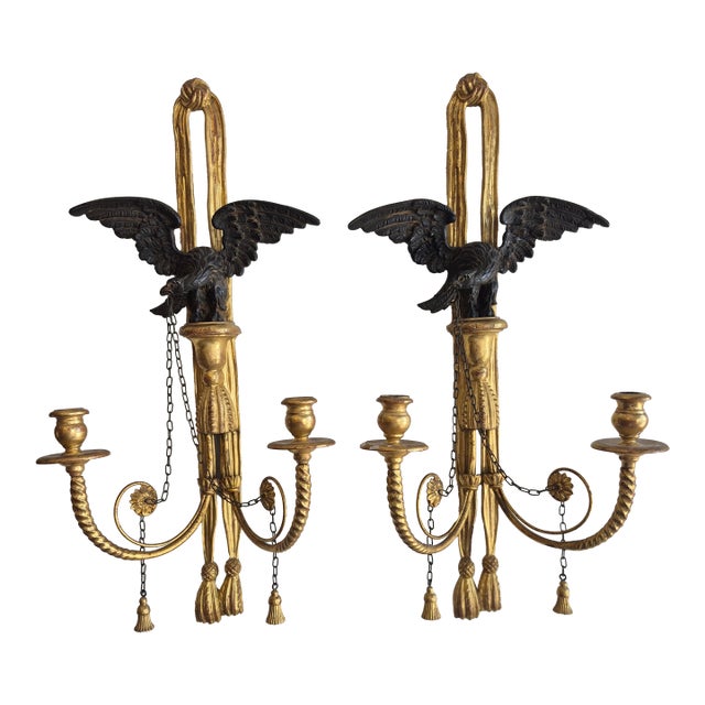 Antique Pair of Italian Candle Power Neoclassical Carved Wood Wall Sconces For Sale