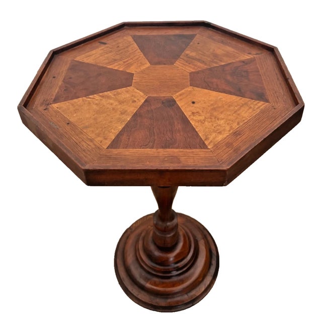 1900 - 1909 Antique Inlaid Octagonal Wood Accent Table Geometric Iron Cross Marquetry Top For Sale - Image 5 of 11