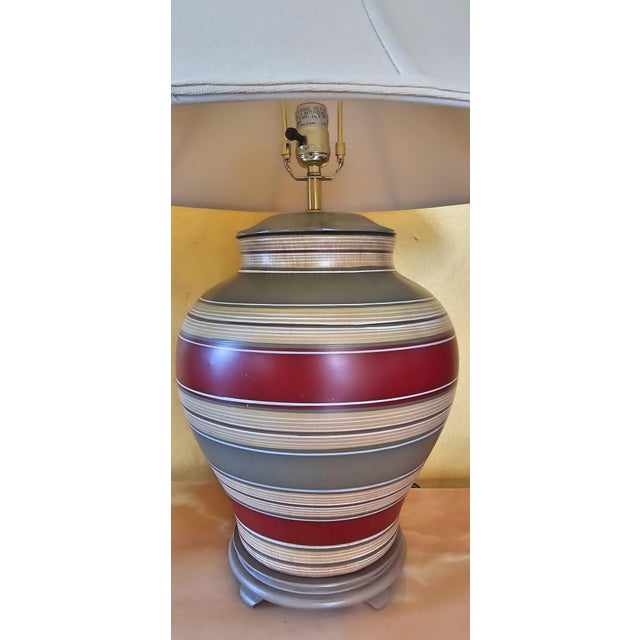 Gemstone Mid-Century Ceramic Hand Painted Table Lamps With Shades in Lava Gray, Burgundy and Beige- a Pair For Sale - Image 7 of 12
