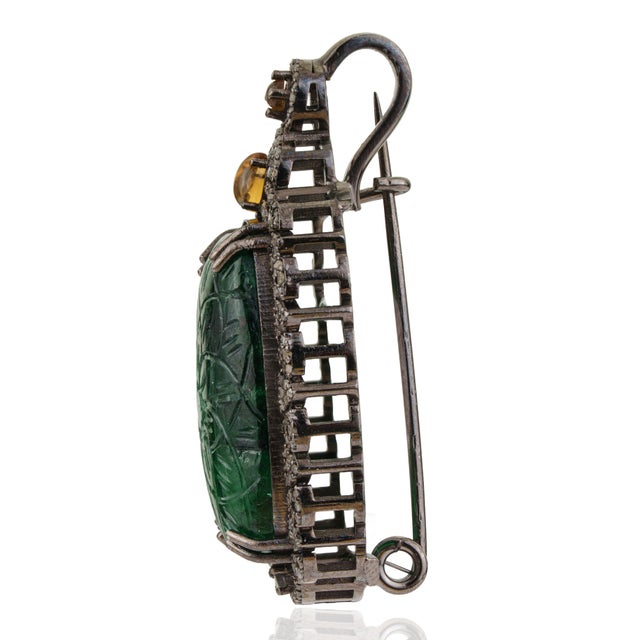 Art Nouveau Handcrafted Vintage 20.85 Ct Aventurine Brooch Pendant With Diamond Accents For Sale - Image 3 of 12