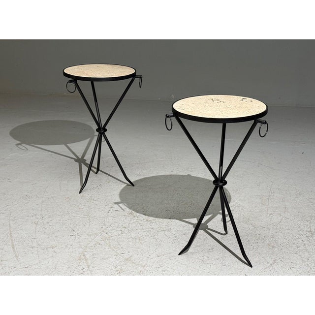 Jean-Michel Frank Style, Side Tables, Iron, Travertine, 20th C. For Sale - Image 4 of 10