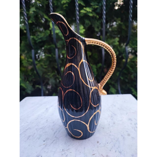 Art Deco Hand Painted BLCK Gold Trim Pitcher Vase by H. Bequet Quaregnon, Belgium, 1950s For Sale - Image 3 of 10