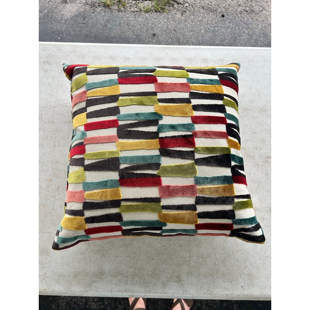 Contemporary Bold Multicolor Stricker Geometric Cut Velvet Throw Pillow For Sale - Image 4 of 4