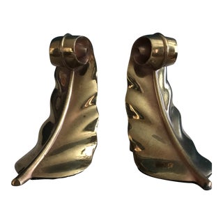 20th Century Scrolled Leaf Brass Book Ends - a Pair For Sale