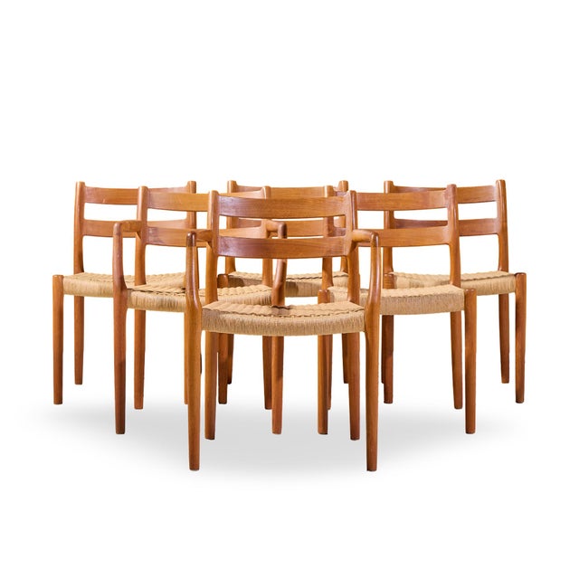Niels Møller Models 84 and 67 Mid Century Danish Teak and Rope Dining Chairs - Set of 6 Each armless chair measures: 20...