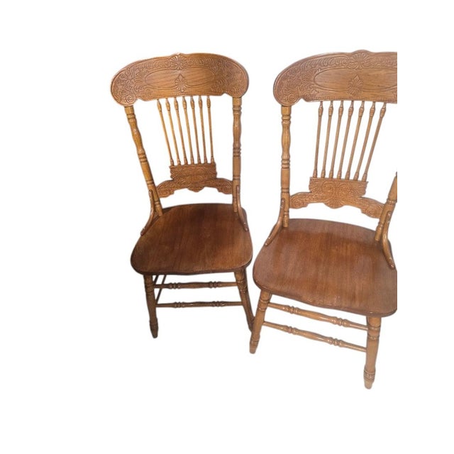 Vintage Solid Oak Carved Pressed-Back Dining Chairs, Set of 4, Early American Farmhouse For Sale - Image 6 of 6