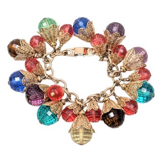 Vintage 1950s Signed Napier Book Piece Multicolor Disco Ball Charm Bracelet For Sale