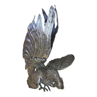 Vintage Solid Brass Fighting Rooster Sculpture With Dramatic Tail For Sale