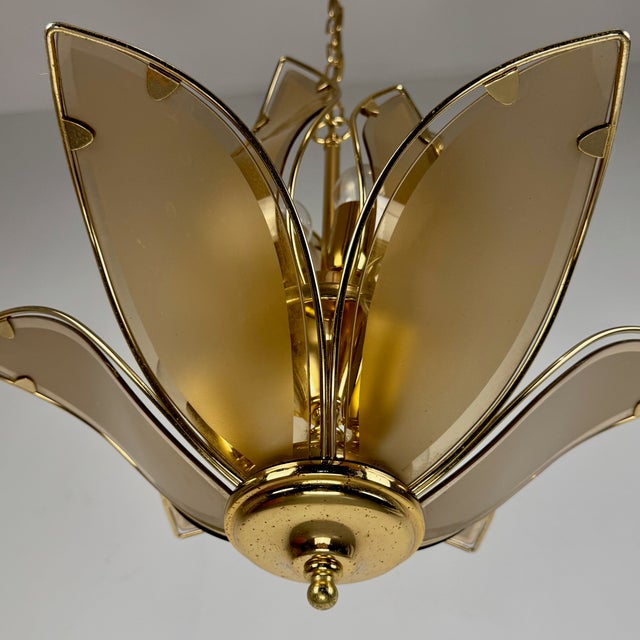 Vintage Lotus Chandelier in Brass and Brown Smoked Beveled Glass, Italy, 1980s For Sale - Image 6 of 9