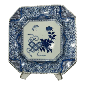Antique Japanese Octagonal Blue and White Porcelain Plate With Butterly and Floral Design