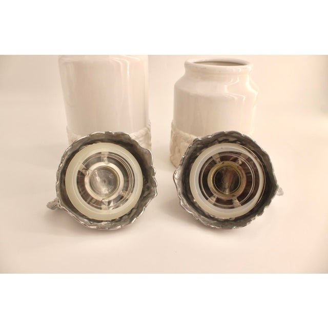 Metal Pair of Arthur Court White Ceramic Canisters With Rooster Lids, 12” & 10.5” For Sale - Image 7 of 7
