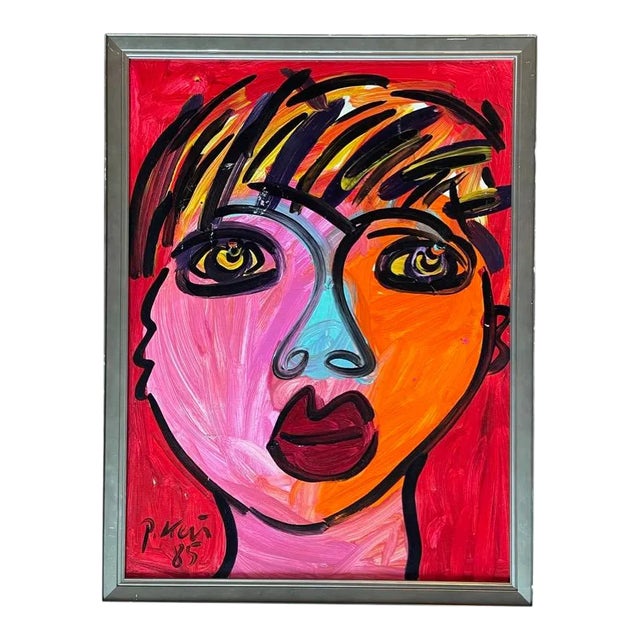 Contemporary Abstract Face Portrait Acrylic Painting by Peter Keil, Framed For Sale