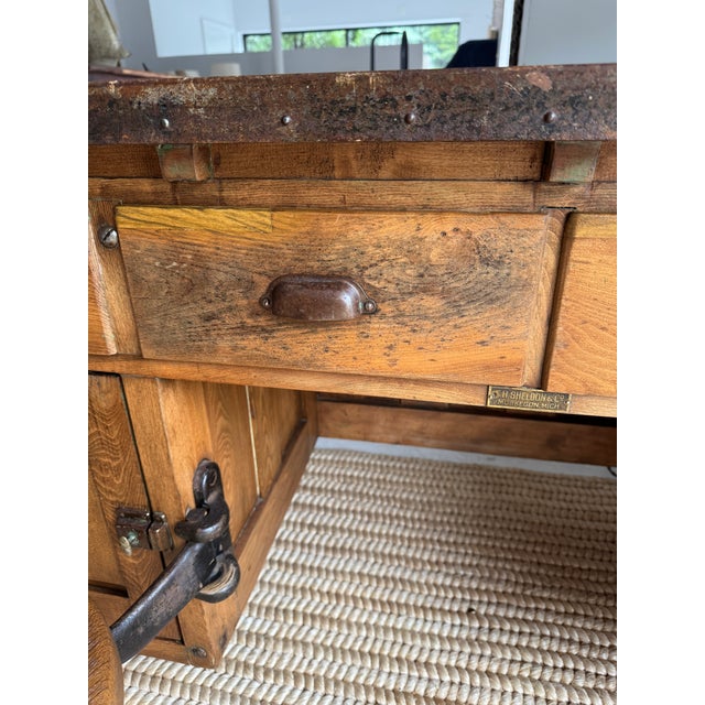 Vintage Industrial Desk With Integrated Swing-Out Stools For Sale - Image 10 of 18