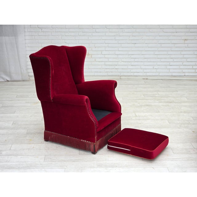1970s Danish Highback Armchair in Red Velour and Ash, 1970s For Sale - Image 5 of 18