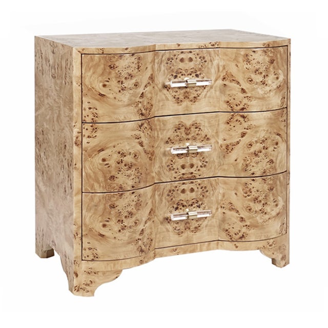 Contemporary Matthew Izzo Home Calvin Light Burlwood Three Drawer Side Table With Acrylic and Brass Drawer Pulls For Sale - Image 3 of 7