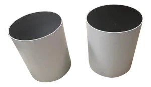 Modernist Black Oak and Gray Lacquer Drum Table Pair by Peter Sandback