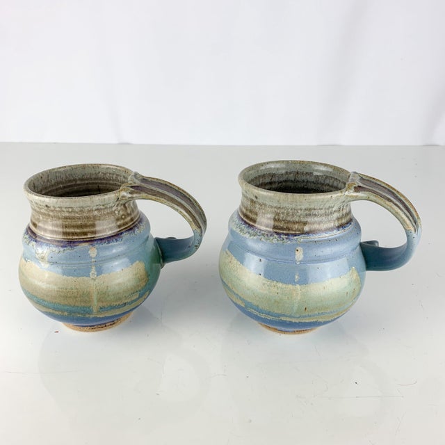Vintage Studio Drip Glaze Smith Green, Blue & Gray Coffee Tea Mugs Set, Signed- a Pair For Sale - Image 9 of 11