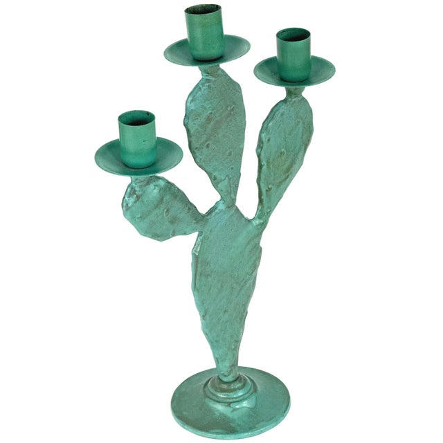 Vintage 1990s Pair of (2) Turquoise Prickly Pear Cactus Candelabras Metal Candle Stick Holders For Sale - Image 10 of 17
