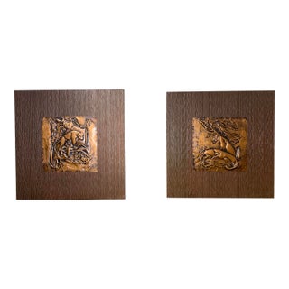 Pair of MCM Copper Tone Repoussé Panther Panels | Mounted on Wood Board For Sale