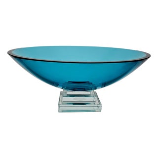 Stephen Schlanser Signed Eclipse Bowl Aqua Art Glass Centerpiece 16", 1992 For Sale