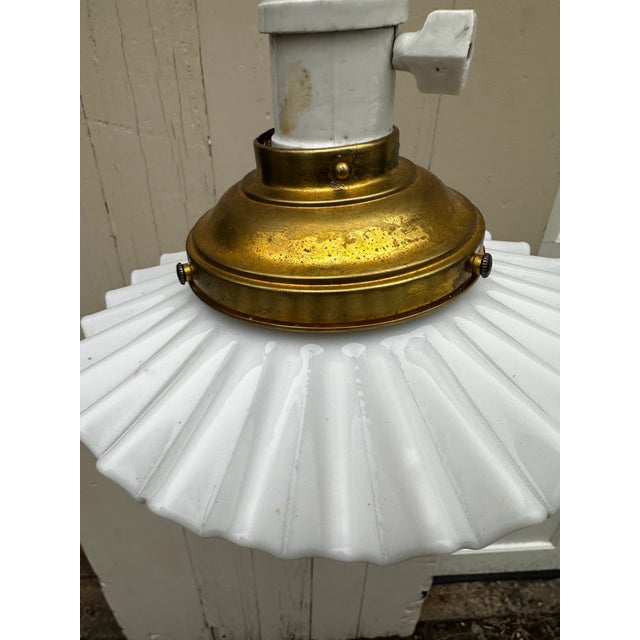 1920s Vintage Brass Fixture With Knob and Tube, Braided Wire and Pinwheel Shade For Sale - Image 5 of 6