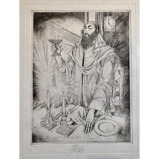 Janos Kass, Hungarian Modernist Judaica Etching Print Kiddush, Jewish Rabbi at Shabbat Feast, 1992 For Sale