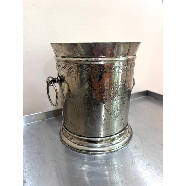 1960s Etched Silverplate Shield Ice Bucket W/ Side Knocker Handles For Sale - Image 5 of 6