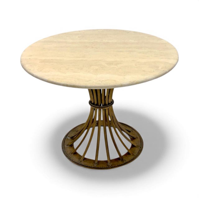 Organic Modern Kreiss Travertine & Gilt Iron Dunbar Inspired Wheat Sheaf Center Table For Sale In Atlanta - Image 6 of 11