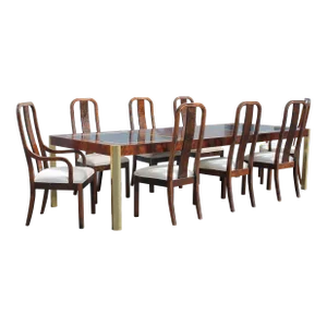 1970's Ultra Modern Burlwood/ Bronze Toned Glass 11 Piece Dining Set by Century Furniture Style Pierre Cardin