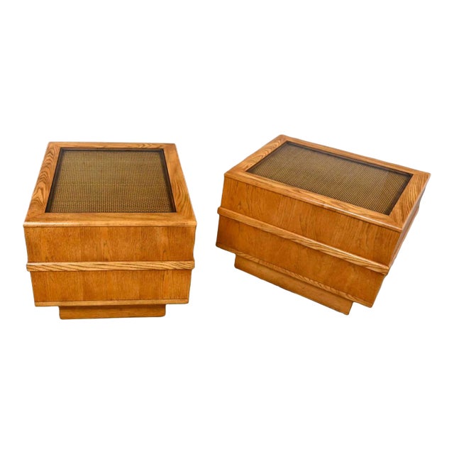 Modern Oak With Cane & Glass Insert Top & Pedestal Base Pair of End Tables or Nightstands For Sale