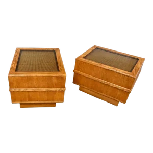 Modern Oak With Cane & Glass Insert Top & Pedestal Base Pair of End Tables or Nightstands