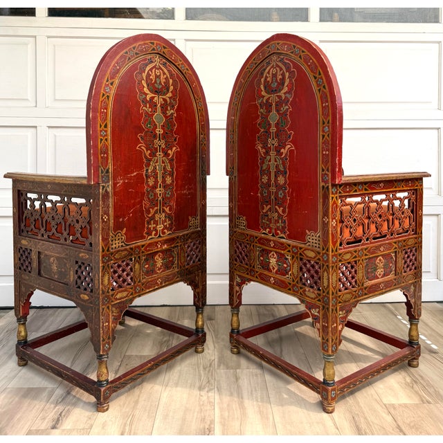 Vintage Moroccan Hand-Painted Carved Wood Throne Chairs - Pair For Sale - Image 10 of 18