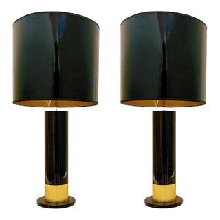 Pair of Early 21st Century Spanish Art Deco Design Macassar Veneer & Gold Leaf Cylindrical Lamps For Sale