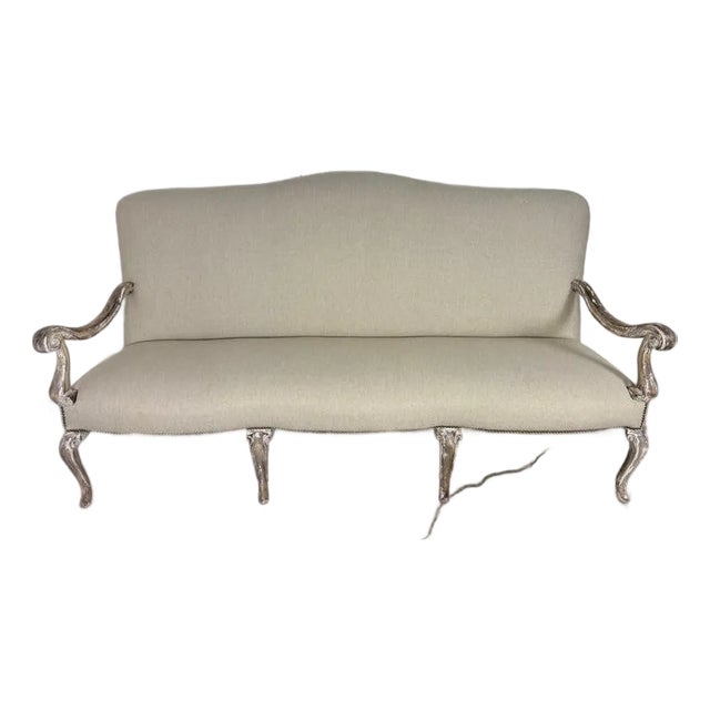 French Louis XV Style Painted Settee With New Linen Upholstery For Sale