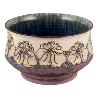 Scandinavian Handmade Ceramic Earthenware Bowl with Incised Floral Decoration For Sale