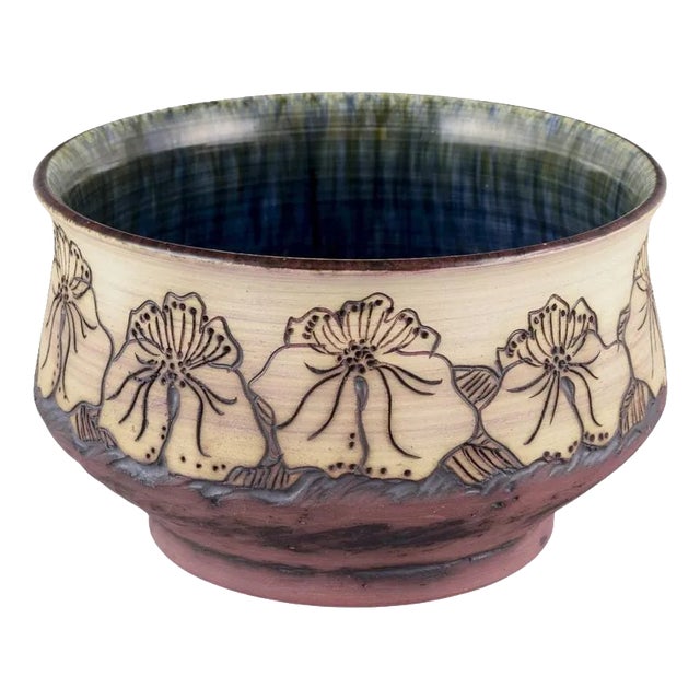 Scandinavian Handmade Ceramic Earthenware Bowl with Incised Floral Decoration For Sale