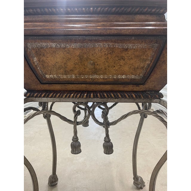 1990s 1990s Burl Wood & Wrought Iron Accent Chest With Faux Leather Drawer Front – Old World Mediterranean Style For Sale - Image 5 of 6