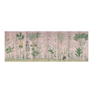 Hand Painted Blush Pink Tropical Chinoiserie Wildlife Floral Mural 8-Panel Set For Sale