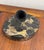 Vintage Sheaffer heavy round black and gold-veined marble desk pen base paired with an angled trumpet pen socket