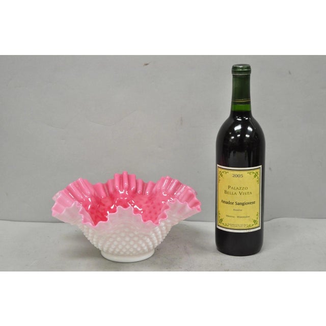 Vintage Pink & White Hobnail Cased Glass Compote Candy Dish Ruffled Bowl Brides Basket. Circa Mid 20th Century....