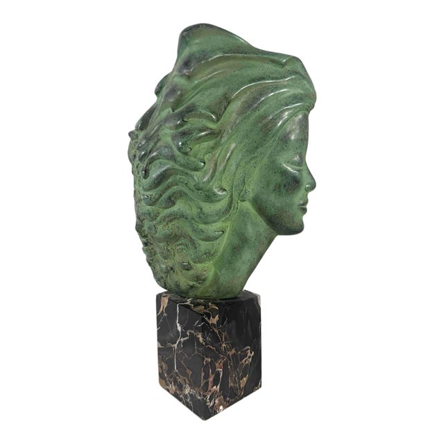 Peggy Mach Flowing Hair Woman Bust, Alva Museum Replicas 1971 With Original Foil Label, Verdigris Patina on Marble Base For Sale